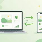 ノートパソコンとスマートフォンの間でデータが行き来するイラスト