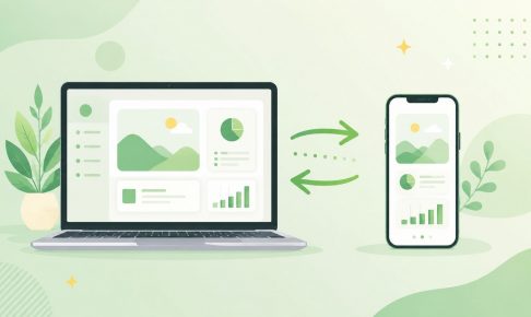 ノートパソコンとスマートフォンの間でデータが行き来するイラスト