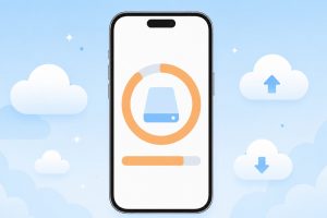 iPhoneの画面にiCloudストレージ容量を示す円グラフが表示され、周りにクラウドアイコンが浮かんでいるイラスト