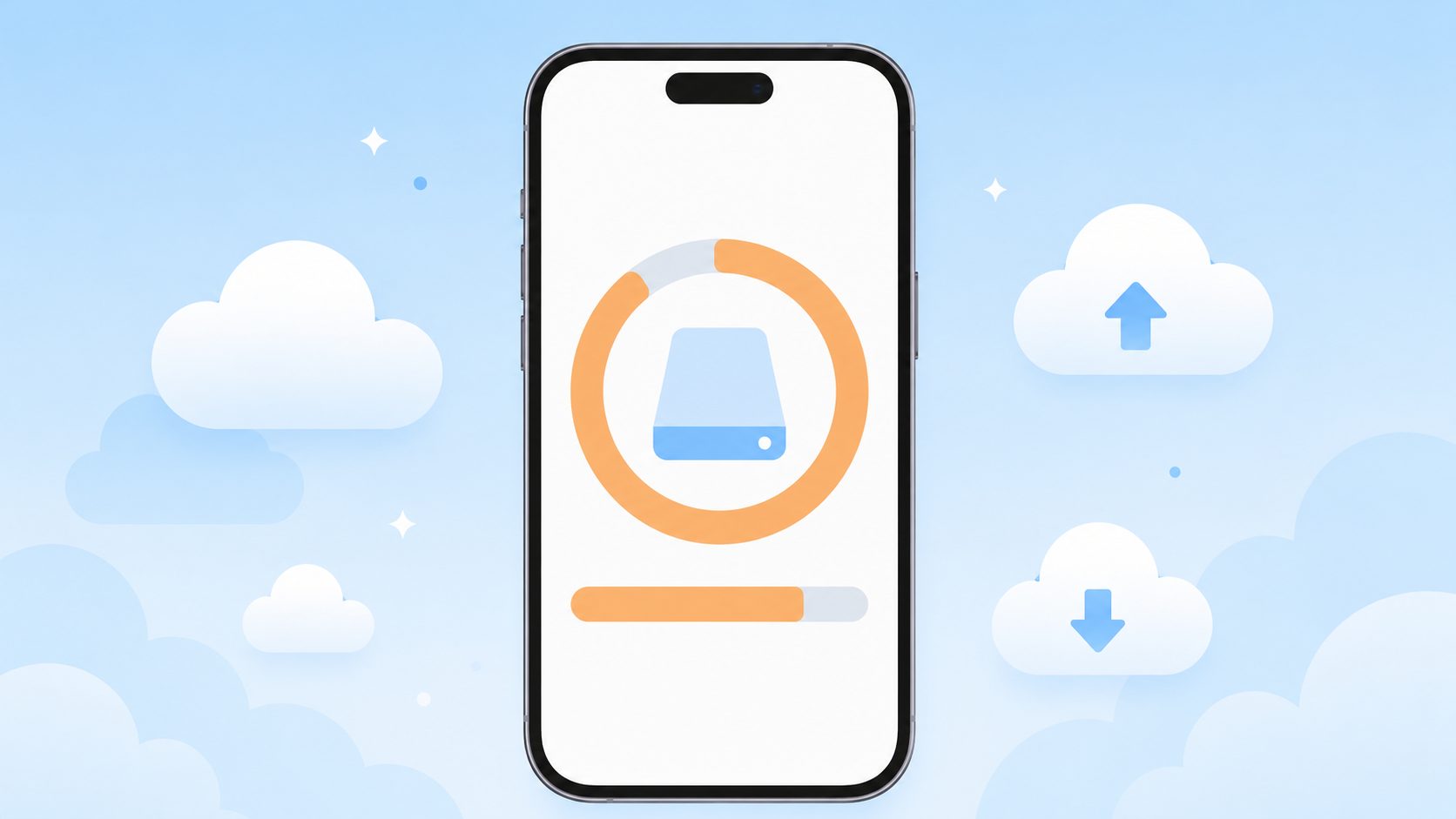iPhoneの画面にiCloudストレージ容量を示す円グラフが表示され、周りにクラウドアイコンが浮かんでいるイラスト