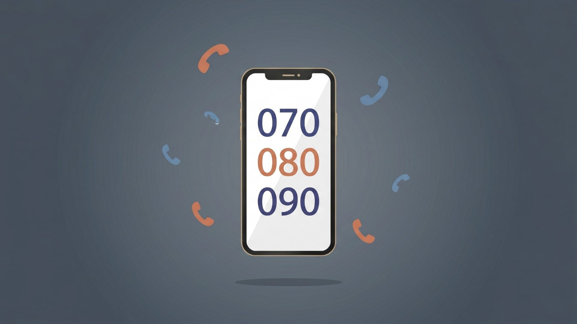スマートフォンの画面に「070」「080」「090」の3つの番号が表示され、周りに受話器アイコンが浮かんでいるイラスト